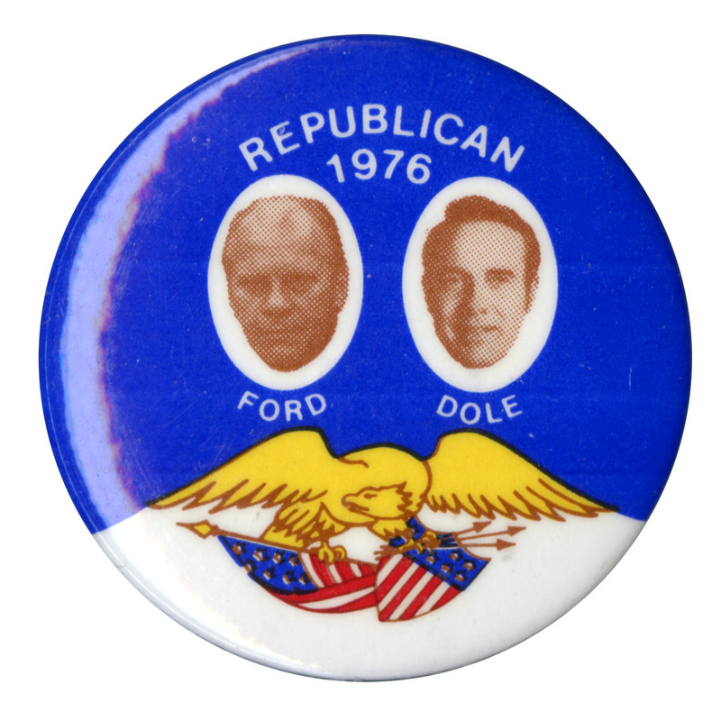 Round, blue and white button with a color drawing of an eagle holding a shield, flag, and arrows. Black and white portraits of Gerald Ford and Bob Dole. White text reads "REPUBLICAN 1976 FORD DOLE"