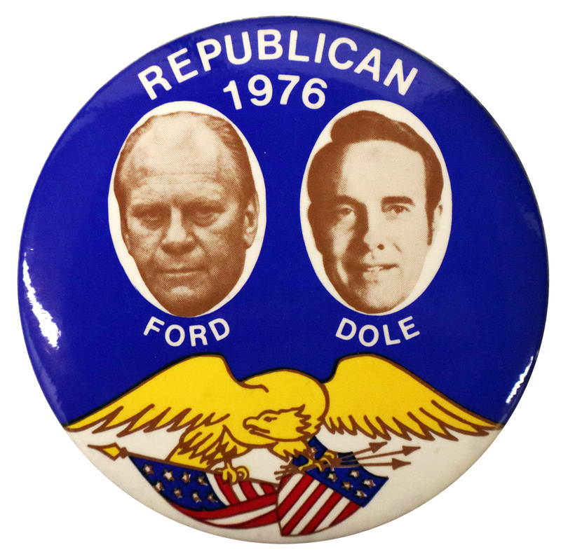 Round, blue and white button with a color drawing of an eagle holding a shield, flag, and arrows. Black and white portraits of Gerald Ford and Bob Dole. White text reads "REPUBLICAN 1976 FORD DOLE"