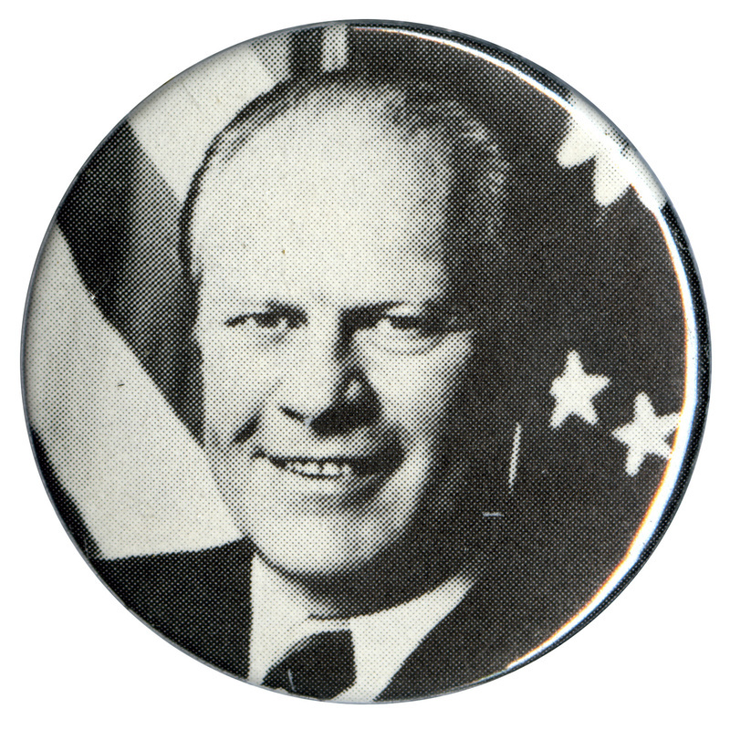 Round button with a black and white photograph of Gerald Ford.