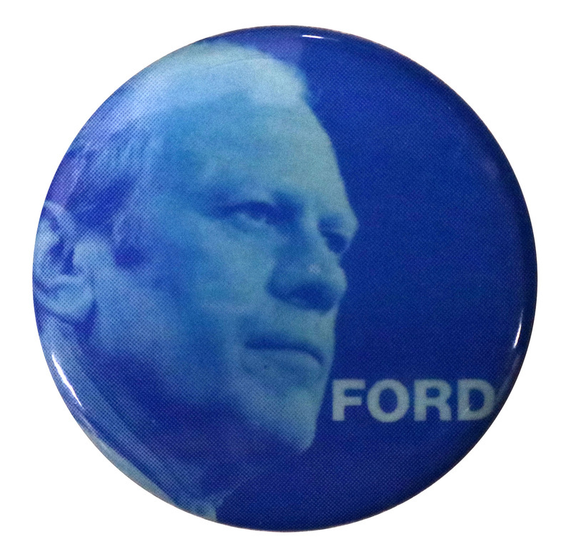 Round, blue button with a portrait of Gerald Ford and light blue text reading "FORD"