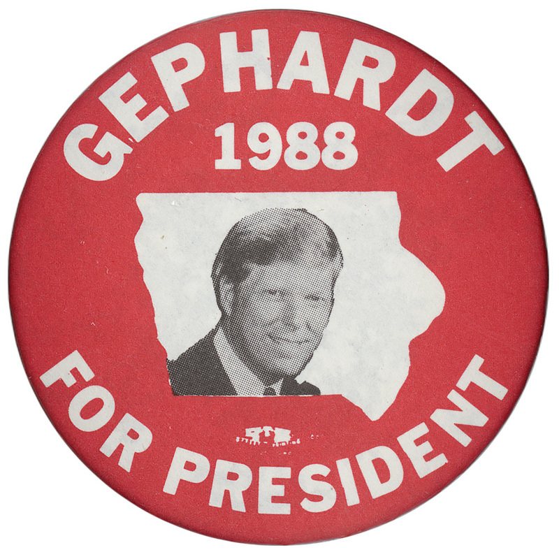 Round, red button with a black and white photograph of Richard Gephardt within a white outline of the state of Iowa. White text reads "GEPHARDT 1988 FOR PRESIDENT"