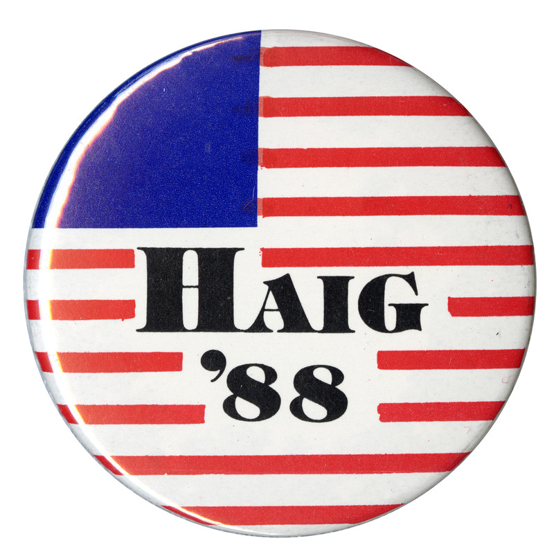 Round button with red and white stripes and blue in the top left quarter. Black text reads "HAIG '88"