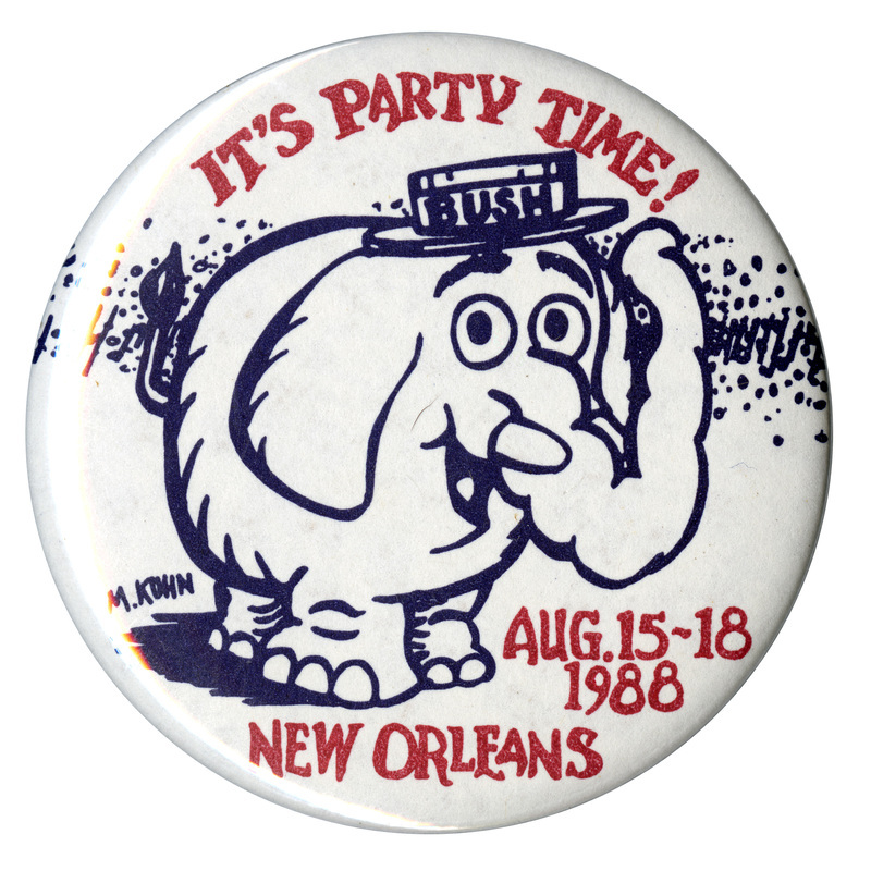 Round, white button with a black line drawing of an elephant wearing a boater hat labelled "BUSH." Purple text reads "IT'S PARTY TIME! AUG. 15-18 1988 NEW ORLEANS"