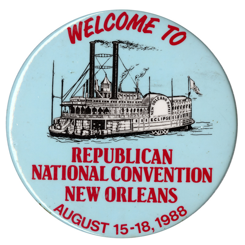 Round, blue button with a black and white drawing of a steamboat with "NEW ORLEANS PACKET ECLIPSE" written on the side. Red text reads "WELCOME TO REPUBLICAN NATIONAL CONVENTION NEW ORLEANS AUGUST 15-18, 1988"