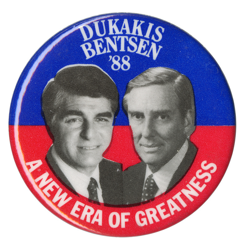 Round, red and blue button with black and white photographs of Michael Dukakis and Lloyd Bentsen. White text reads "DUKAKIS BENTSEN '88 A NEW ERA OF GREATNESS"