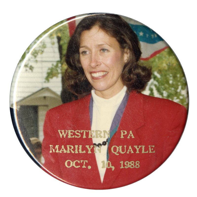 Round button with a color photograph of Marilyn Quayle. Gray text reads "WESTERN PA MARILYN QUAYLE OCT. 19, 1988"