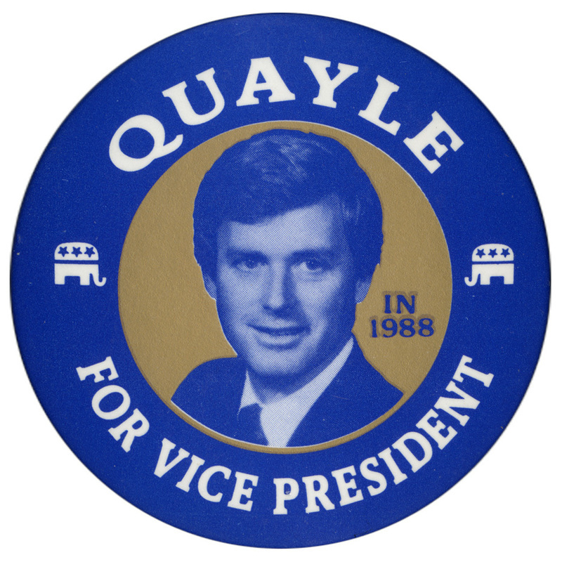 Round button with a blue border containing white GOP elephant symbols. In the middle is a blue and white photograph of Dan Quayle against a gold background. White text reads "QUAYLE FOR VICE PRESIDENT"