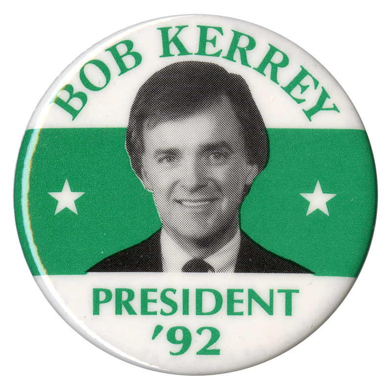 Round, white and green button with a black and white photograph of Bob Kerrey. Green text reads "BOB KERREY PRESIDENT '92"