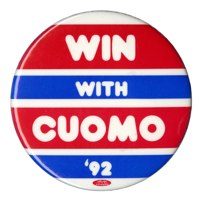 Round button with horizontal red, white, and blue stripes. White text reads "WIN WITH CUOMO '92"