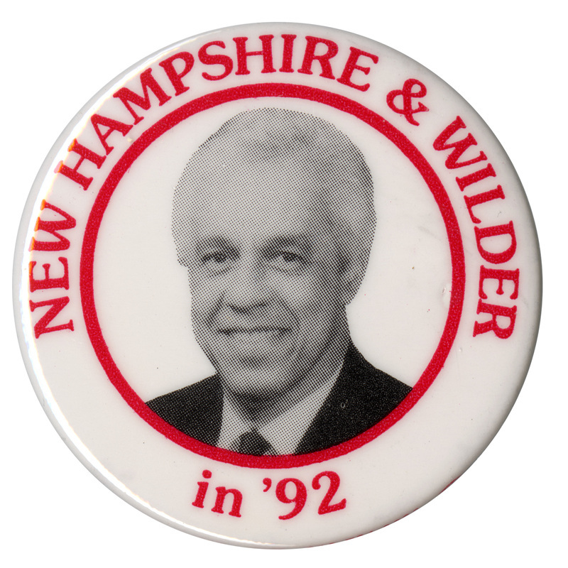 Round, white button with a black and white photograph of Lawrence Douglas Wilder. Red text reads "NEW HAMPSHIRE & WILDER in '92"