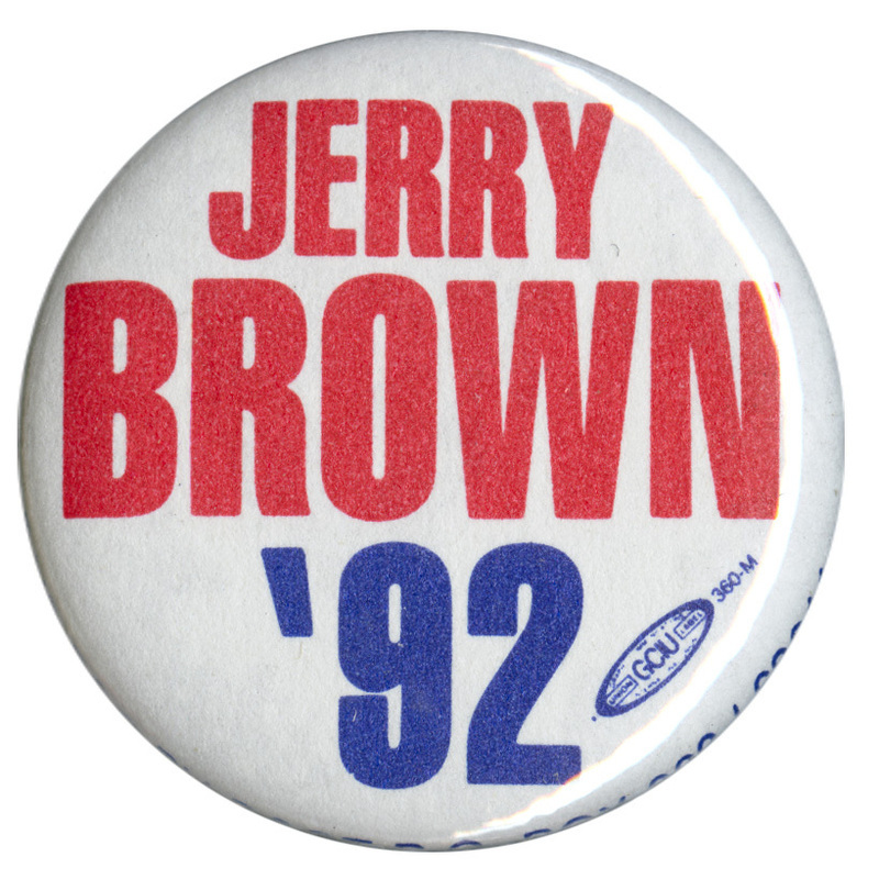 Round, white button with red and blue text reading "JERRY BROWN '92"
