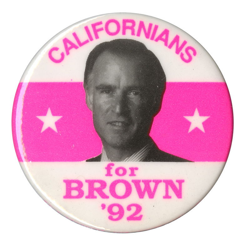 Round, white and pink button with a black and white photograph of Jerry Brown in the middle. Pink text reads "CALIFORNIANS for BROWN '92"