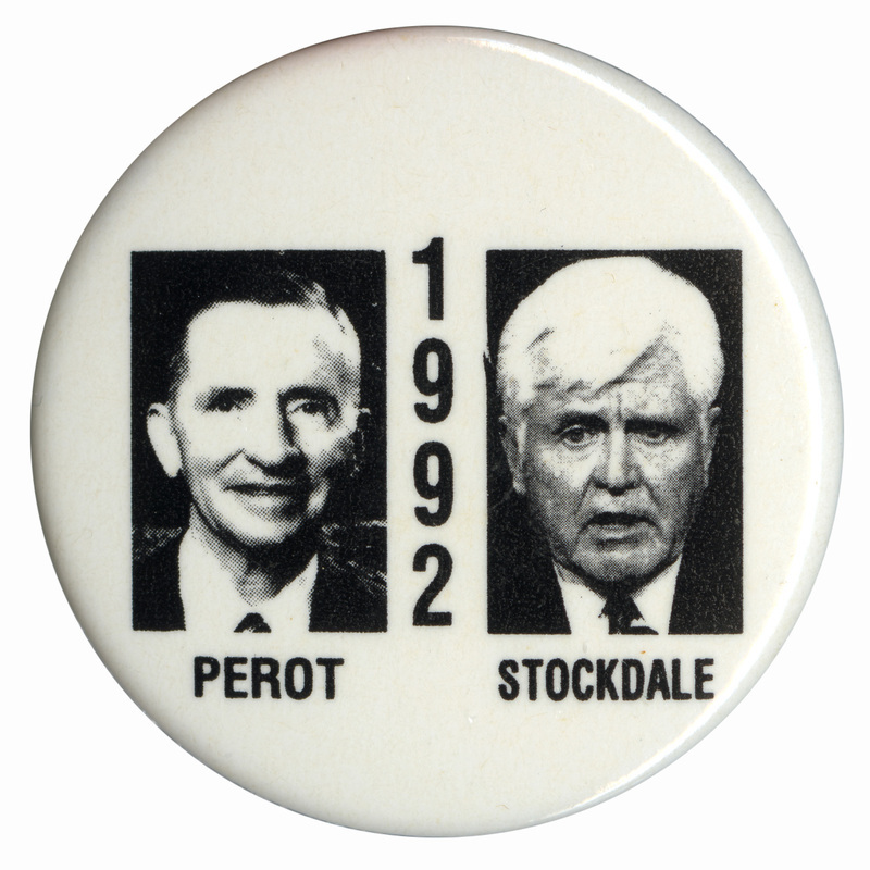 Round, white button with black and white photographs of Ross Perot and James Stockdale. Black text reads "1992 PEROT STOCKDALE"