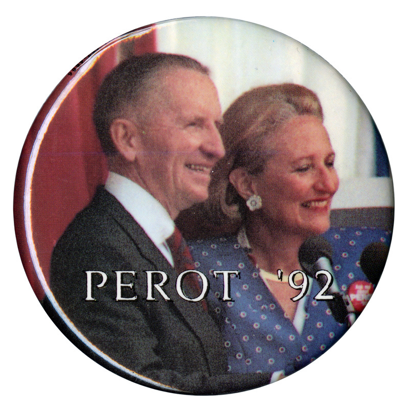 Round button with a color photograph of Ross and Margot Perot. White text reads "PEROT '92"