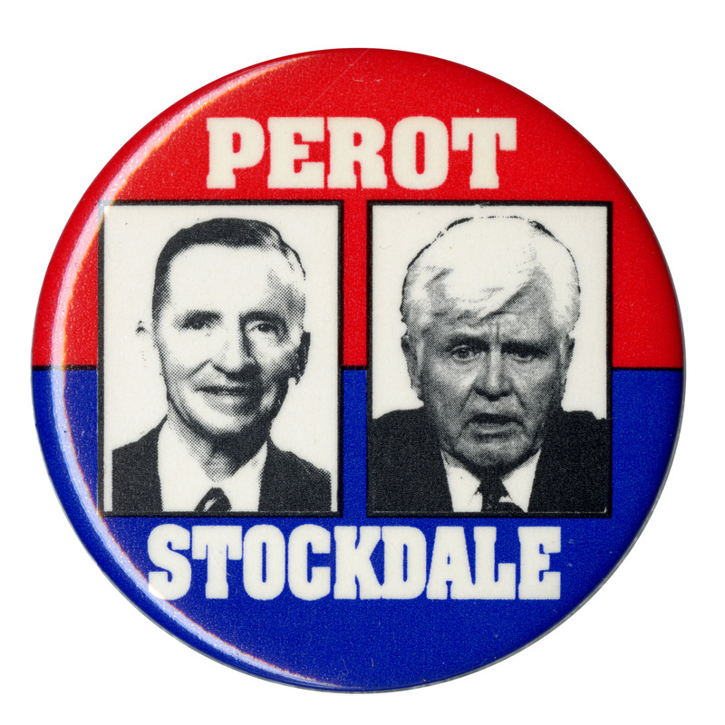 Round button with a red upper half and blue lower half. Black and white photographs of Ross Perot and James Stockdale are in the center. White text reads "PEROT STOCKDALE"