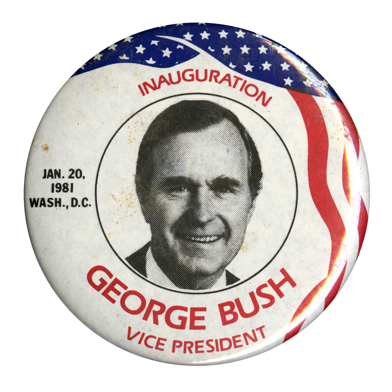 Round, white button with red and blue flag decorations and a black and white photograph of George H. W. Bush. Red and black text reads "INAUGURATION GEORGE BUSH VICE PRESIDENT JAN. 20, 1981 WASH., D.C."
