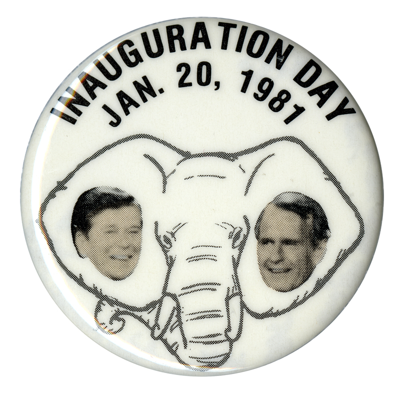 Round, white button with photographs of Ronald Reagan and George H. W. Bush against a black and white drawing of an elephant's head. Black text reads "INAUGURATION DAY JAN. 20, 1981"