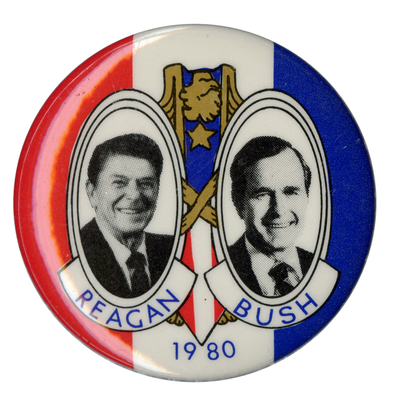 Round button with bands of red, white, and blue. Black and white photographs of Ronald Reagan and George H. W. Bush appear in the center. Blue text reads "REAGAN BUSH 1980"