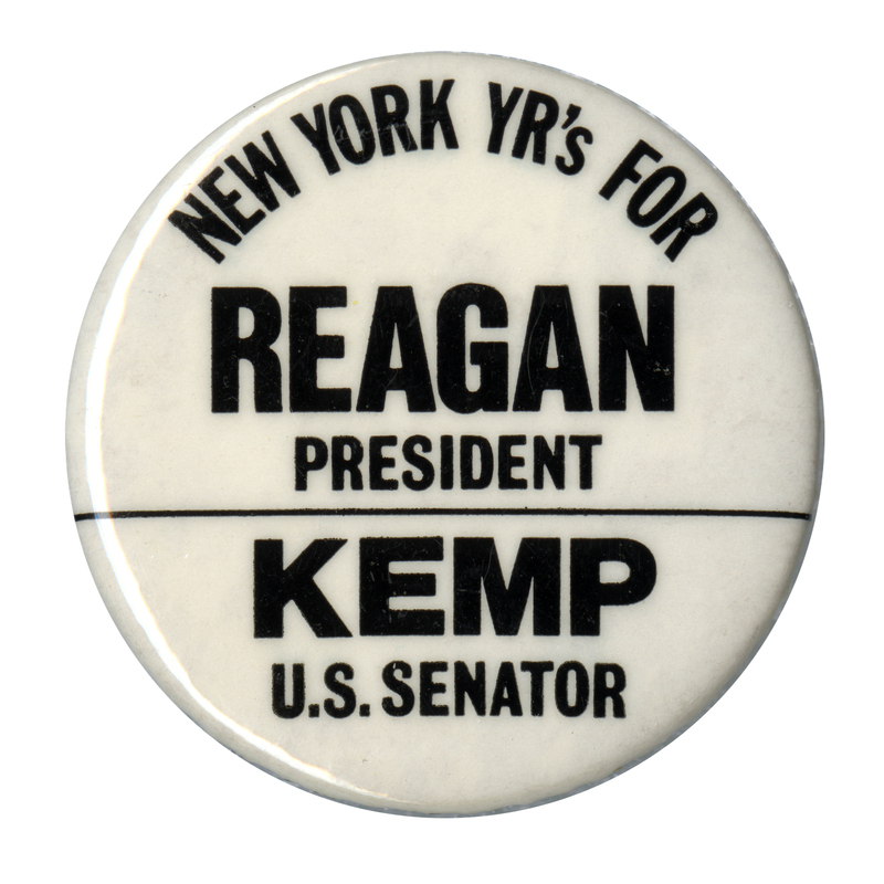 Round, white button with black text reading "NEW YORK YR's FOR REAGAN PRESIDENT KEMP U.S. SENATOR"