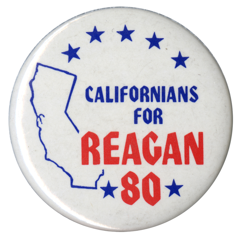 Round, white button with a blue outline of the state of California and blue stars. Blue and red text reads "CALIFORNIANS FOR REAGAN 80"