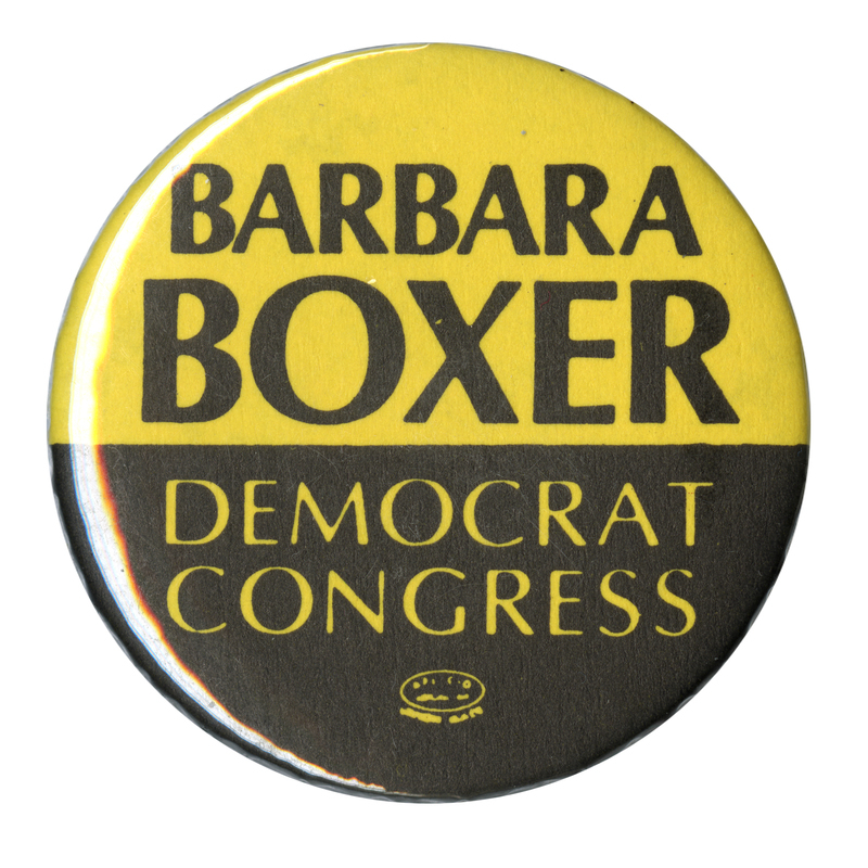 Round, yellow and black button with black and yellow text reading "BARBARA BOXER DEMOCRAT CONGRESS"