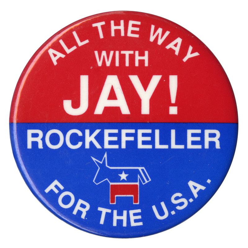Round button, red in the upper half and blue in the lower half, with a picture of the Democratic Party donkey in the lower half. White text reads "ALL THE WAY WITH JAY! ROCKEFELLER FOR THE U.S.A."