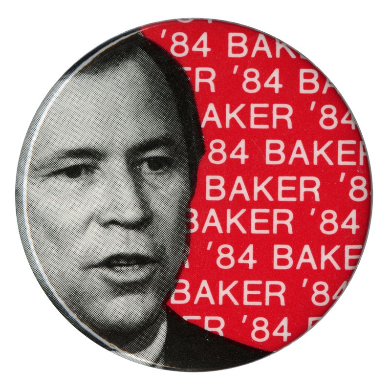 Round button with a black and white photograph of Howard H. Baker, Jr., against a background of white text repeating "BAKER '84" on a red field.
