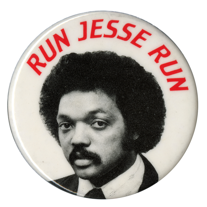 Round, white button with a black and white photograph of Jesse Jackson and red text reading "RUN JESSE RUN"