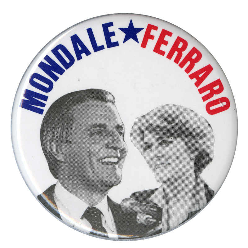 Round, white button with black and white photographs of Walter Mondale and Geraldine Ferraro. Blue and red text reads "MONDALE FERRARO"