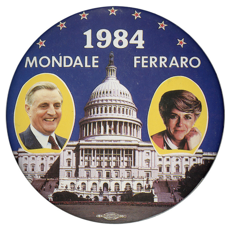 Round, blue button with color photographs of Walter Mondale and Geraldine Ferraro against a color photograph of the US Capitol building. White text reads "1984 MONDALE FERRARO"