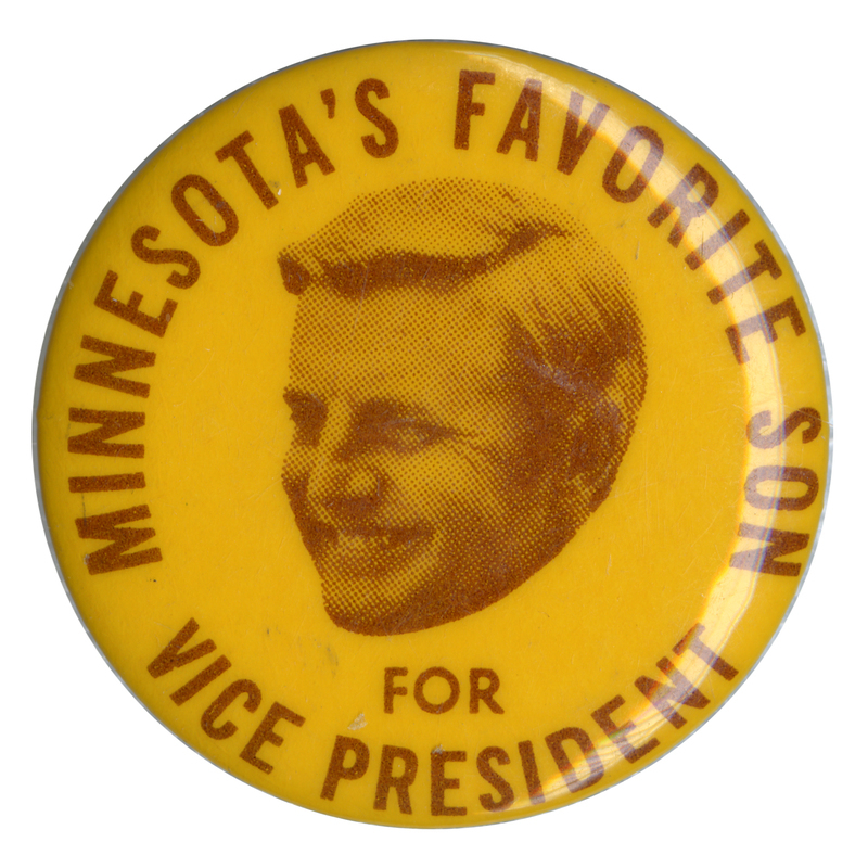 Round, orange button with a photograph of Walter Mondale and black text reading "MINNESOTA'S FAVORITE SON FOR VICE PRESIDENT"