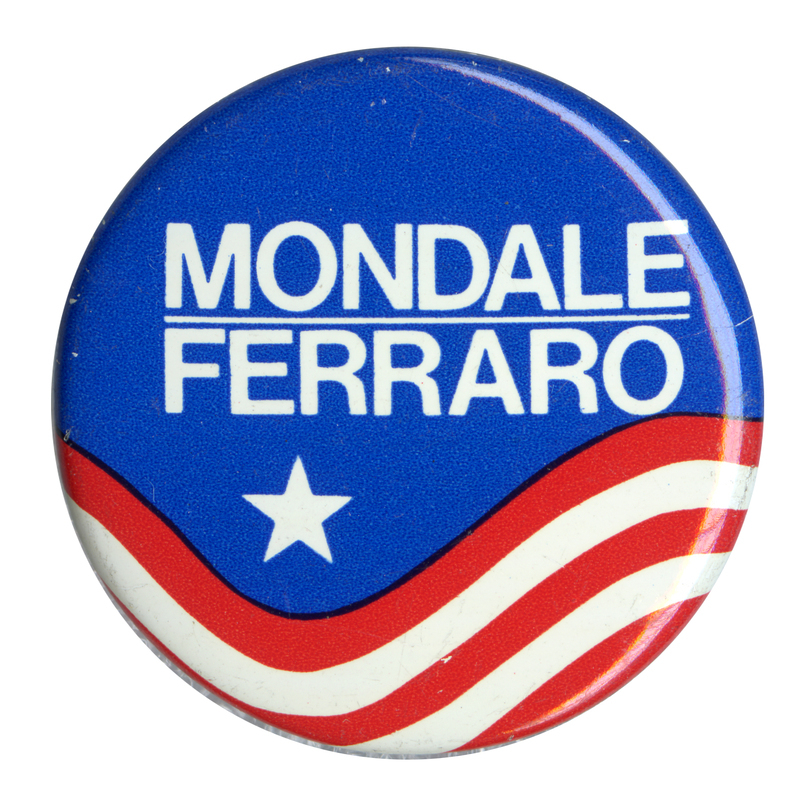 Round, blue button with a white star and red and white stripe decorations. White text reads "MONDALE FERRARO"