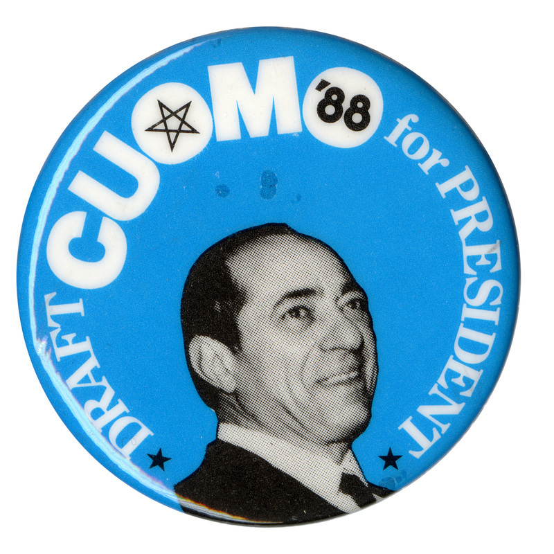 Round, blue button with a black and white photograph of Mario Cuomo. White text reads "DRAFT CUOMO '88 for PRESIDENT"