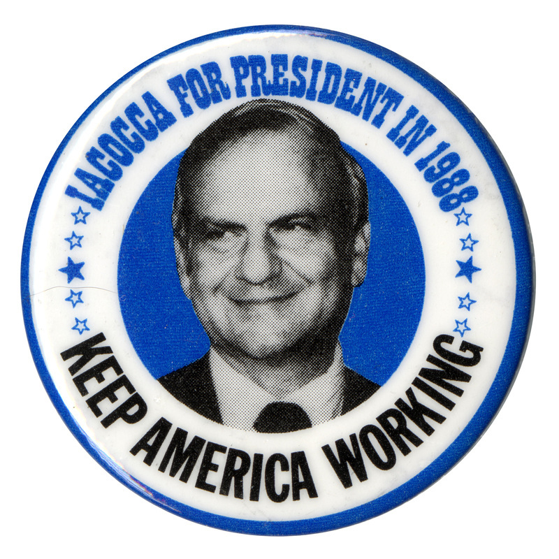 Round button with a white border and a black and white photograph of Lee Iacocca in a blue circle in the center. Blue and black text reads "IACOCCA FOR PRESIDENT IN 1988 KEEP AMERICA WORKING"
