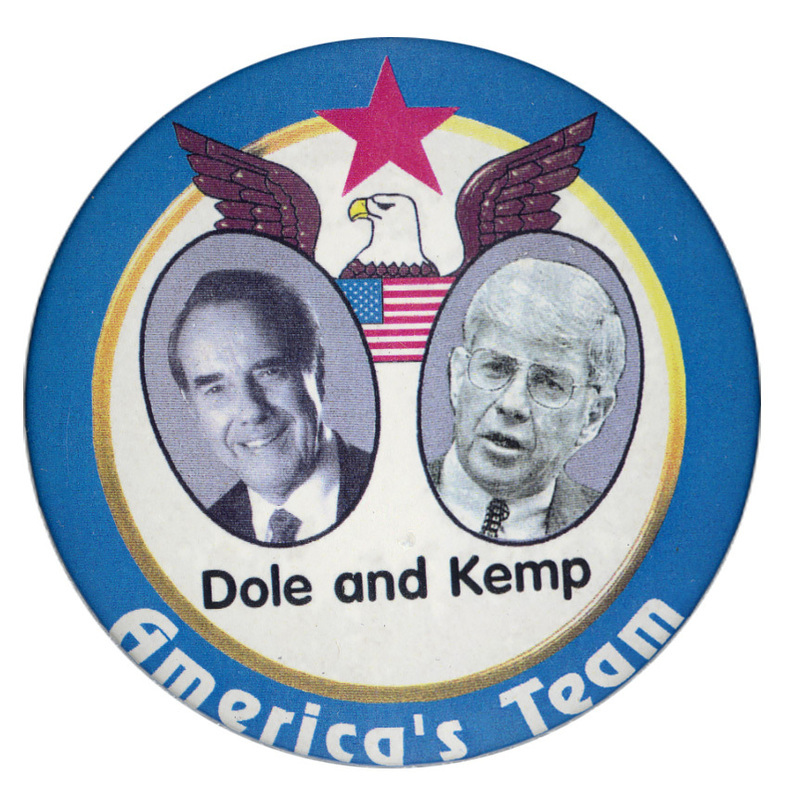 Round button with a blue and gold border. In the center are black and white photographs of Bob Dole and Jack Kemp and a color illustration of an eagle, US flag, and red star. Black and white text reads "Dole and Kemp America's Team"