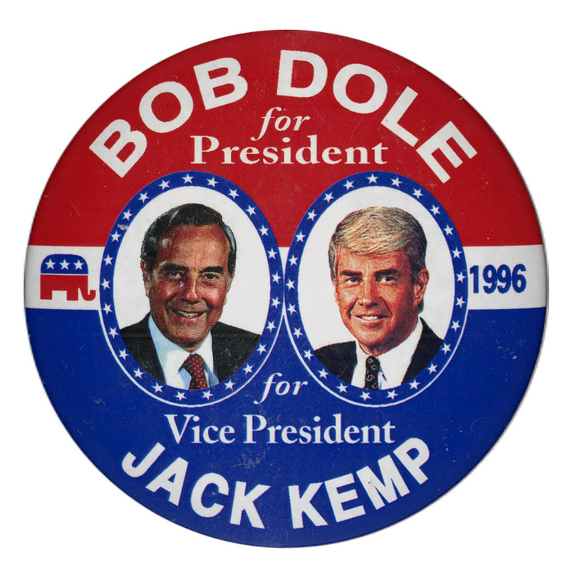 Round, red and blue button with color photographs of Bob Dole and Jack Kemp surrounded by blue frames with white stars. White text reads "BOB DOLE for President JACK KEMP for Vice President"