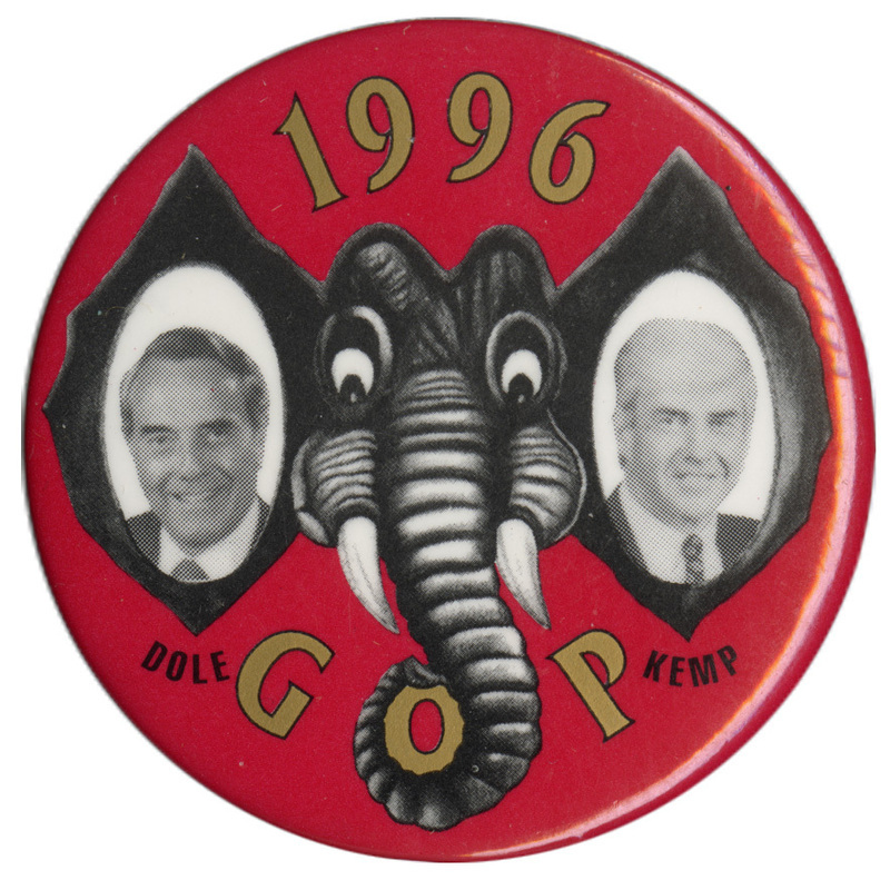 Round, red button with a black and white illustration of an elephant's head. The elephant's ears contain black and white photographs of Bob Dole and Jack Kemp. Gold and black text reads "1996 GOP DOLE KEMP"