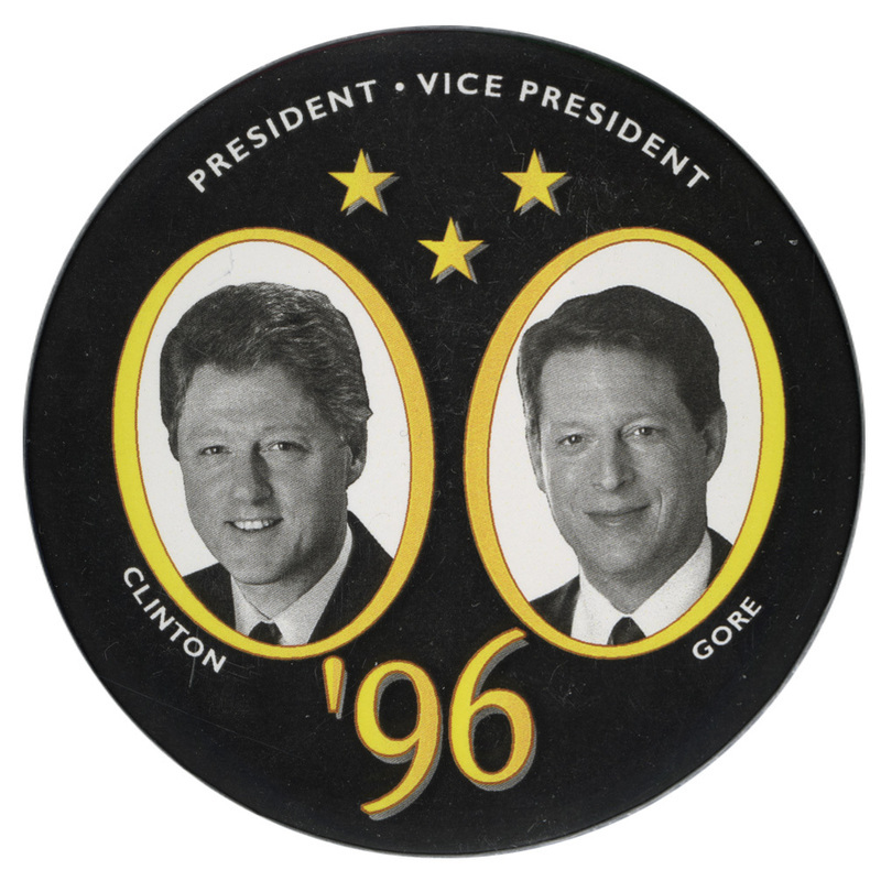 Round, black button with black and white photographs of Bill Clinton and Al Gore in yellow frames. White and yellow text reads "PRESIDENT VICE PRESIDENT CLINTON GORE '96"