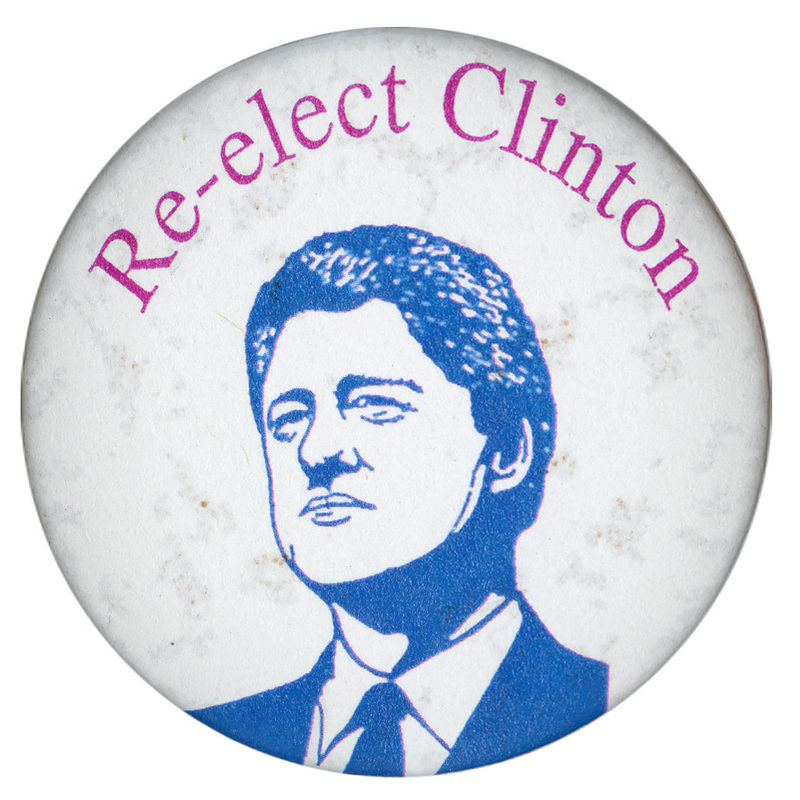 Round, white button with a blue illustration of Bill Clinton and red text reading "Re-elect Clinton"