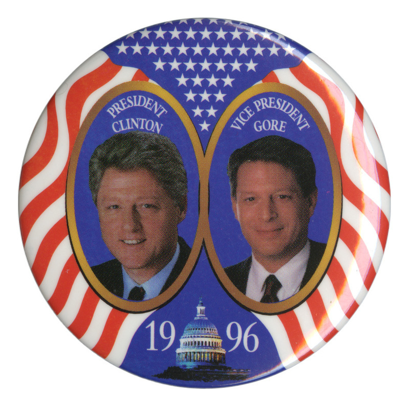 Round button with red, white, and blue stars and stripes and color photographs of Bill Clinton and Al Gore in gold circles. White text reads "PRESIDENT CLINTON VICE PRESIDENT AL GORE 1996"