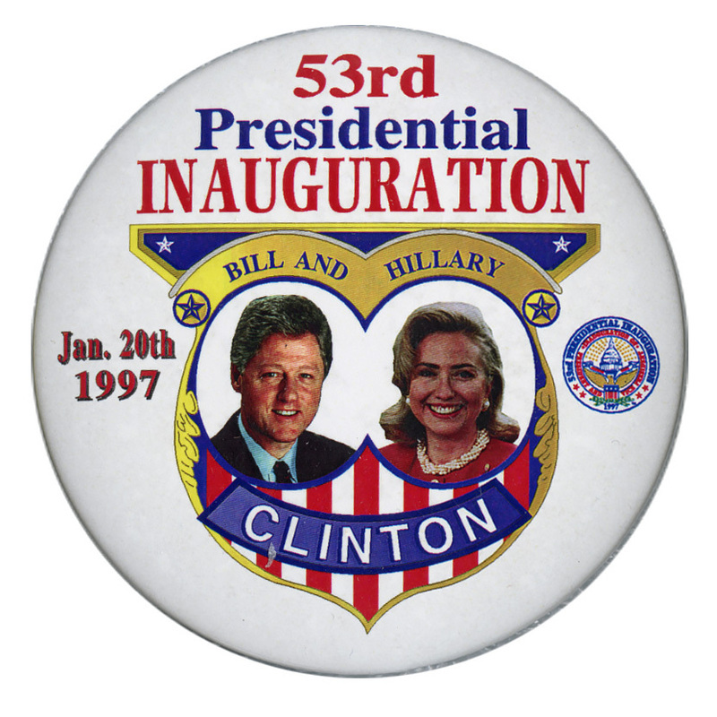 Round, white button with color photographs of Bill and Hillary Clinton inside an elaborate gold, red, white, and blue frame. Red, white, and blue text reads "53rd Presidential INAUGURATION BILL AND HILLARY CLINTON Jan. 20th 1997"