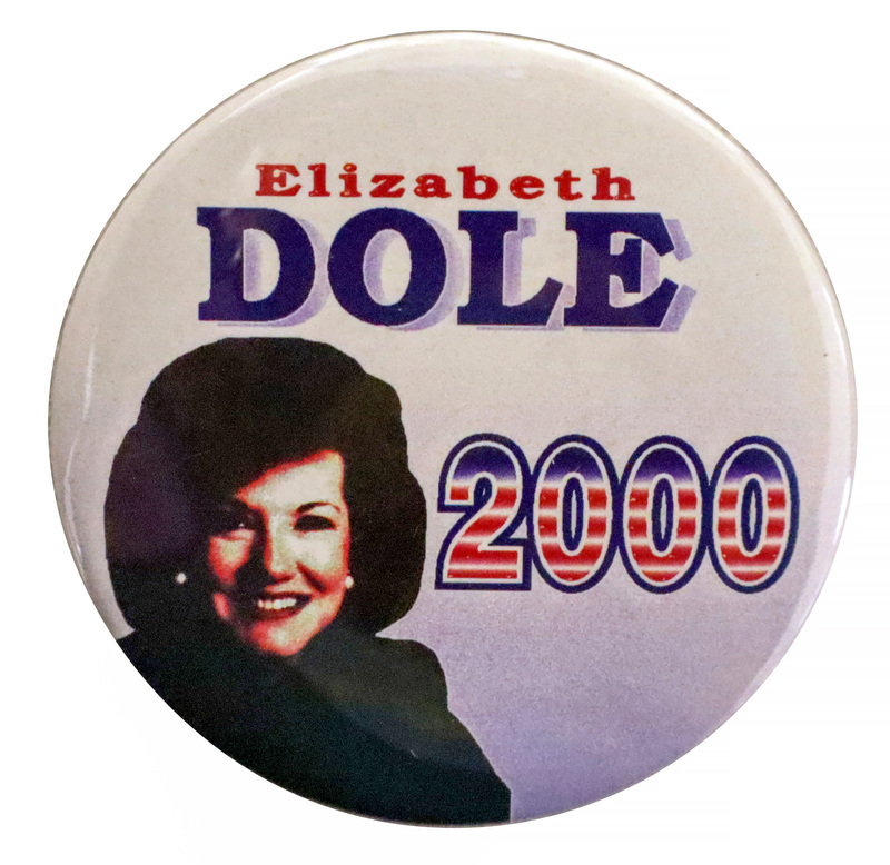 Round, white button with a color photograph of Elizabeth Dole. Red and blue text reads "Elizabeth DOLE 2000"