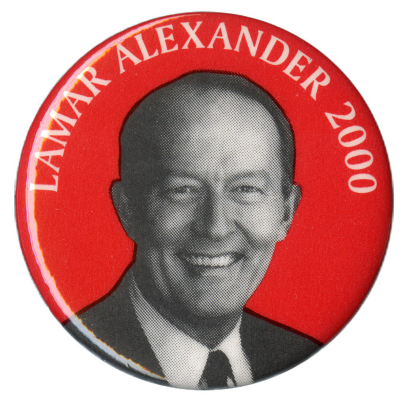 Round, red button with a black and white photograph of Lamar Alexander. White text reads "LAMAR ALEXANDER 2000"