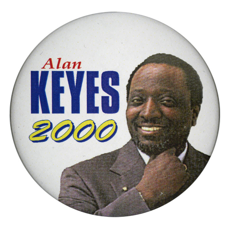 Round, white button with a color photograph of Alan Keyes. Red, blue, and yellow text reads "Alan KEYES 2000"