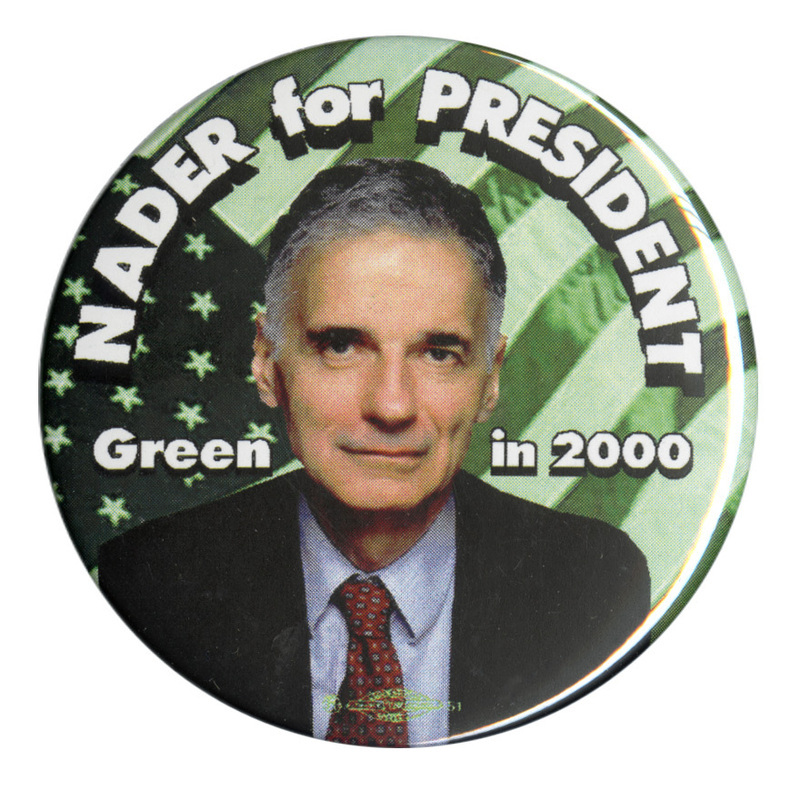 Round button with a color photograph of Ralph Nader against a photograph of the US flag. White text reads "NADER for PRESIDENT Green in 2000"