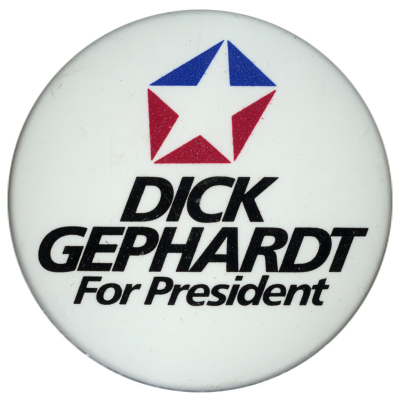 Round, white button with a stylized red, white, and blue star. Black text reads "DICK GEPHARDT For President"