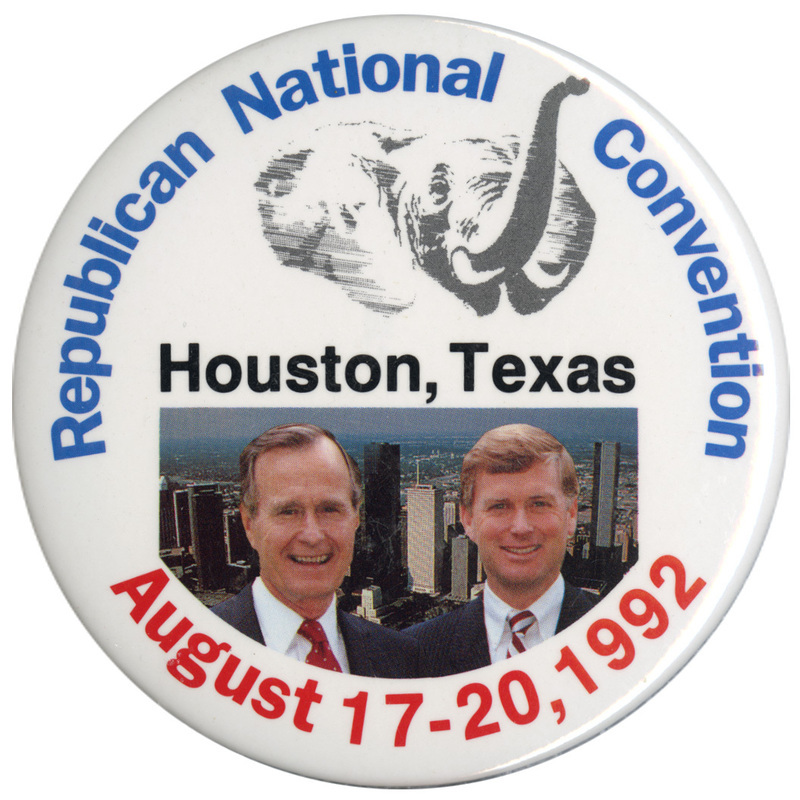Round, white button with color photographs of George H. W. Bush and Dan Quayle below a black and white drawing of an elephant. Blue, black, and red text reads "Republican National Convention Houston, Texas August 17-20, 1992"