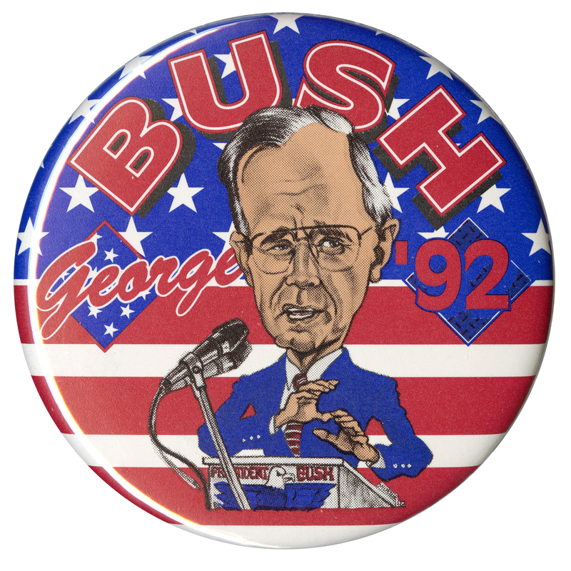 Round button with a color caricature drawing of George H. W. Bush speaking at a podium. Background is a red, white, and blue flag. Red text reads "BUSH George '92"