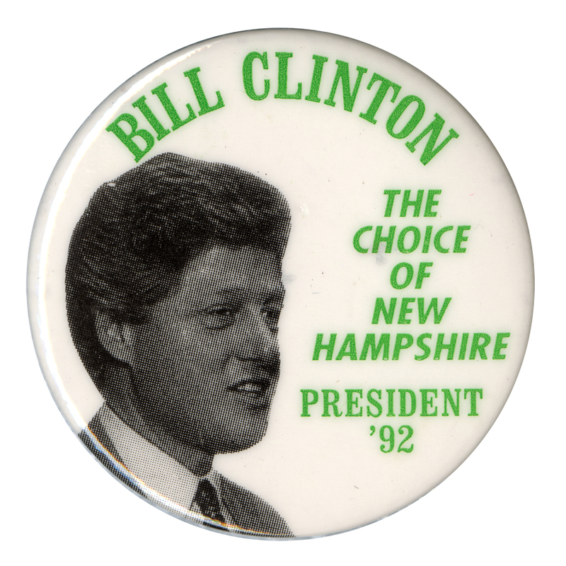 Round, white button with a black and white photograph of Bill Clinton. Green text reads "BILL CLINTON THE CHOICE OF NEW HAMPSHIRE PRESIDENT '92"