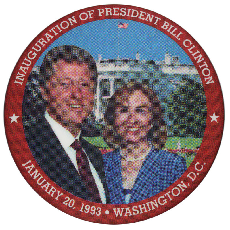 Round button with a red border and a color photograph of Bill and Hillary Clinton in the center. White text around the edge of the button reads "INAUGURATION OF PRESIDENT BILL CLINTON JANUARY 20, 
